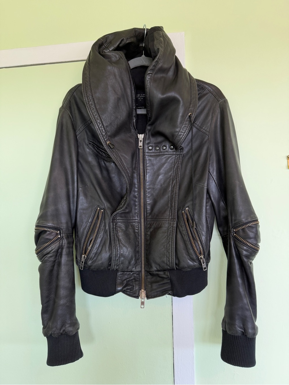 All Saints Hooded Women's Black Leather Zip Front Bomber Jacket sz 10